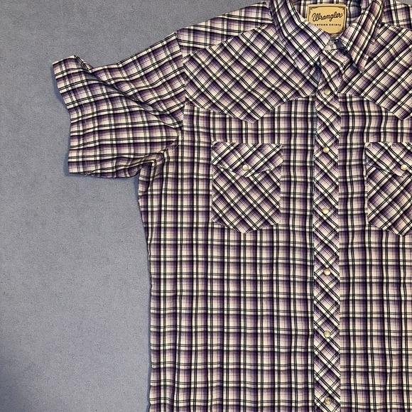 Wrangler Woven Western Button Up Shirt Short Sleeve Plaid Purple Mens Size L - Picture 4 of 13